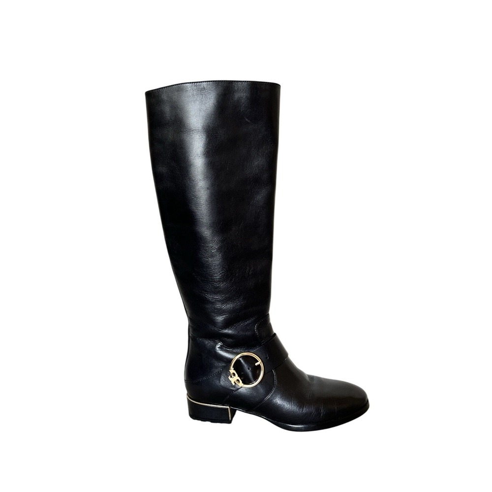 Tory Burch Sofia Tall Riding Boots Black Leather Gold Buckle Accent Size 6.5 EUC